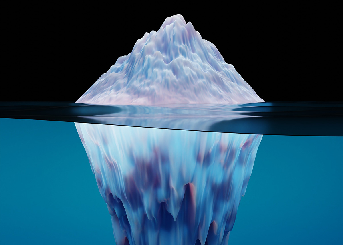 Tip of iceberg and iceberg below representing invisible work.