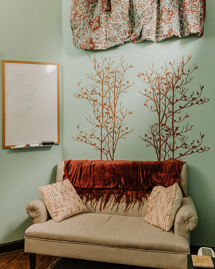 Comfortable couch in the office of St. Louis psychotherapist, Kathryn Stinson, LPC