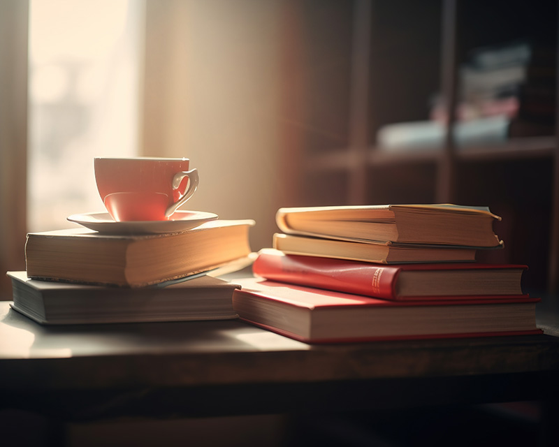 Mug on a stack of books. Education and training of Kathryn Stinson, LPC